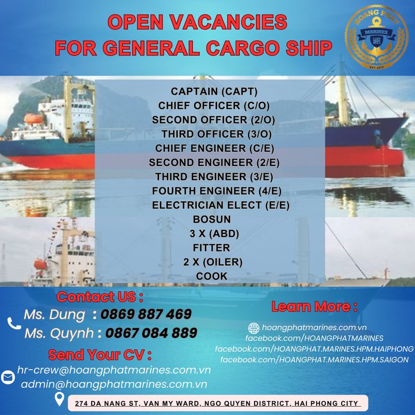 SEA JOB VACANCY -  HIRING CREW FOR DRY & GENERAL CARGO FLEET
