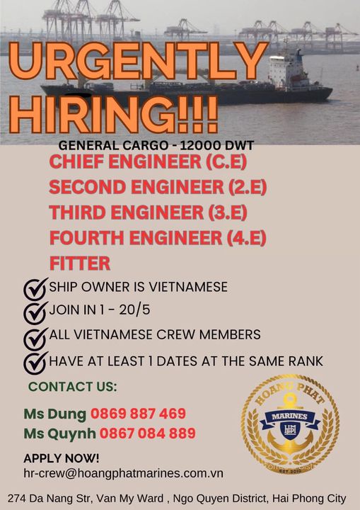 SEA JOB VACANCY -  HIRING ENGINE CREWS FOR DRY & GENERAL CARGO FLEET